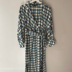 Zara Green and White Windowpane Silk Midi Dress XS